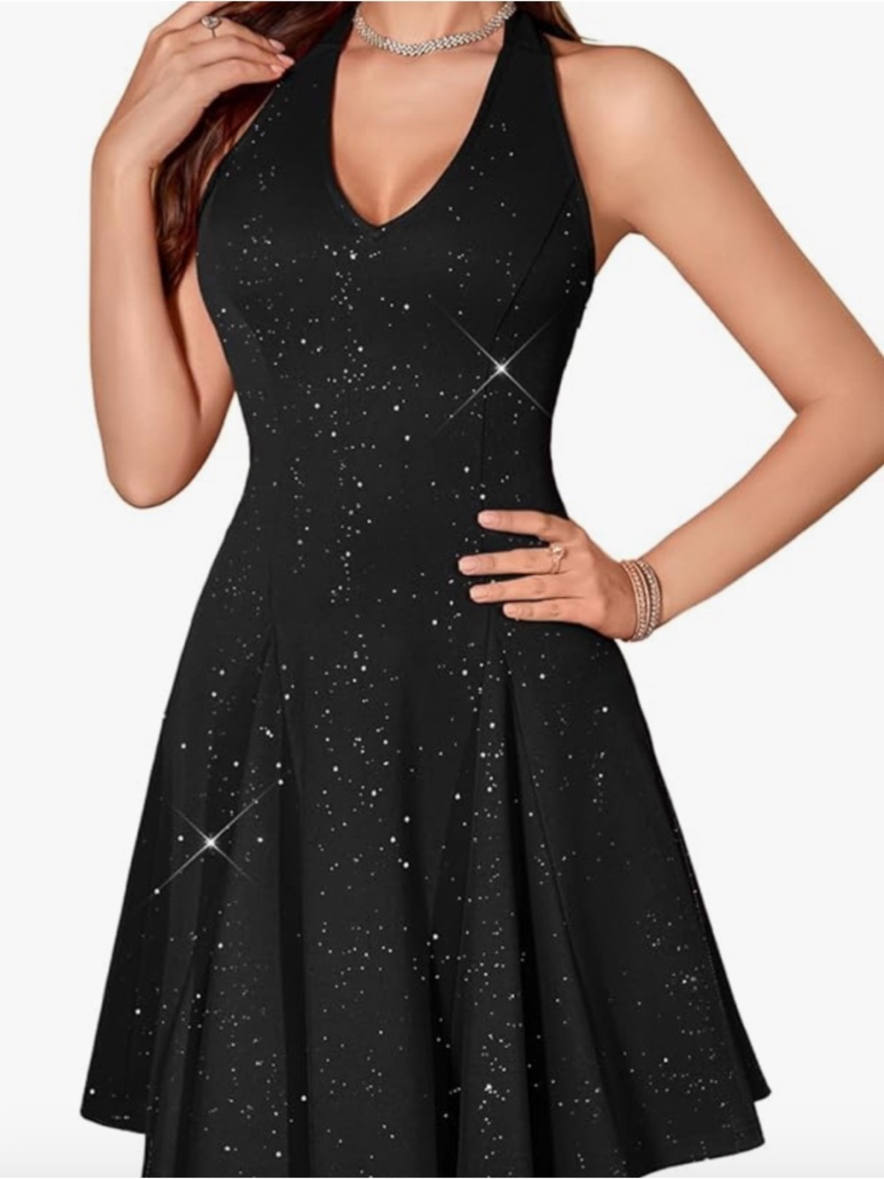 HomRain Halter Black Sparkly Cocktail Party Dress. NWT.  Size large. - Picture 2 of 11